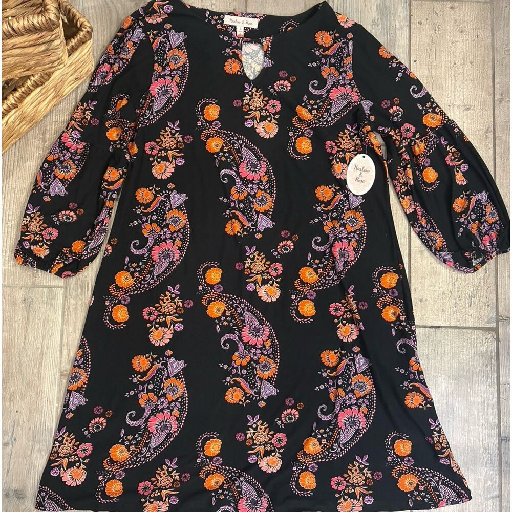NWT Harlow & Rose Black Floral Paisley Bell Sleeves Boho Dress Size Large - Picture 2 of 10